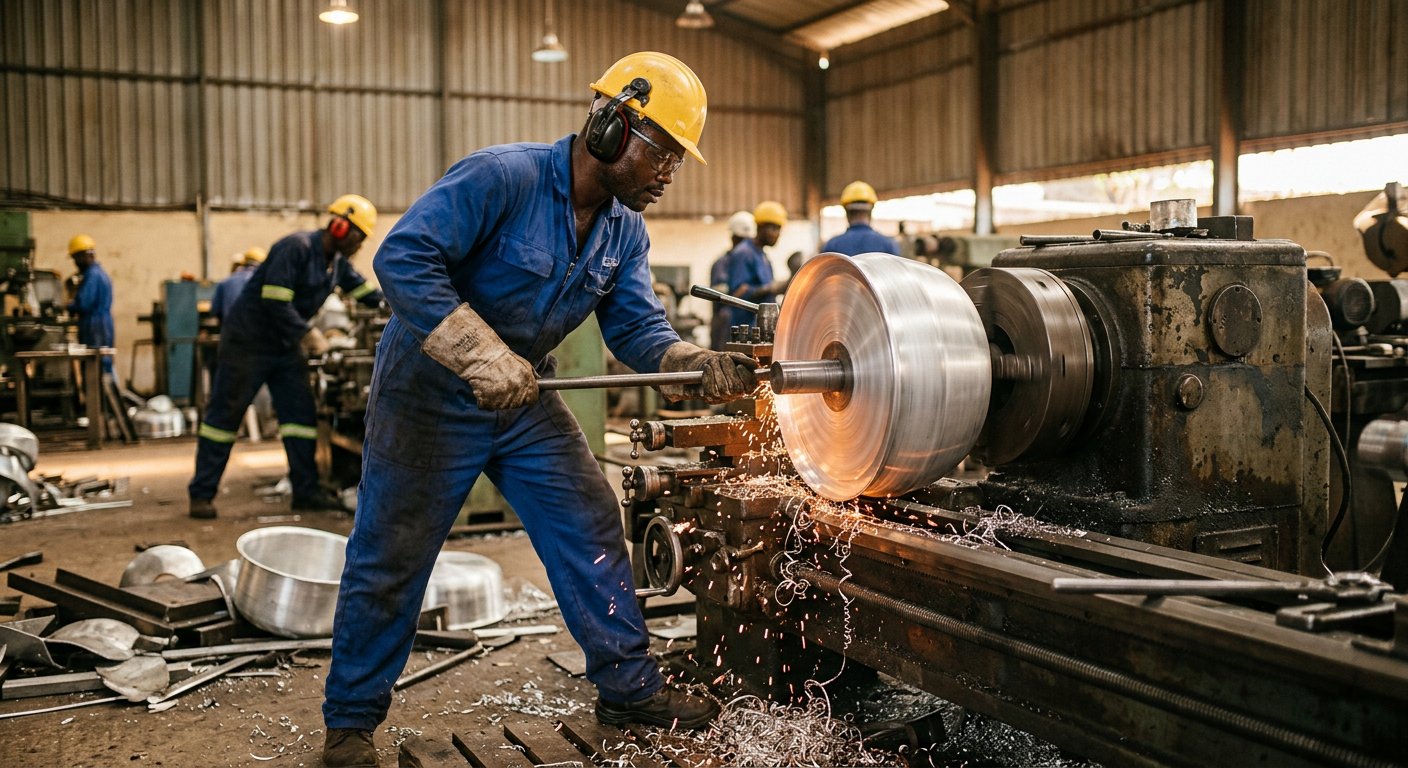 Metal spinning lathe shaping an aluminium pot at the BimaluZambia factory